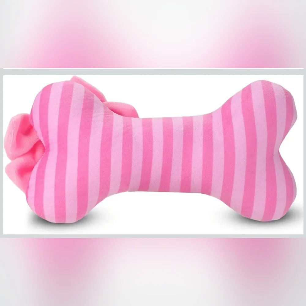 Dog Toy Plush Bone Pillow - Small To Medium Breeds - Pink Striped Toy With Bow